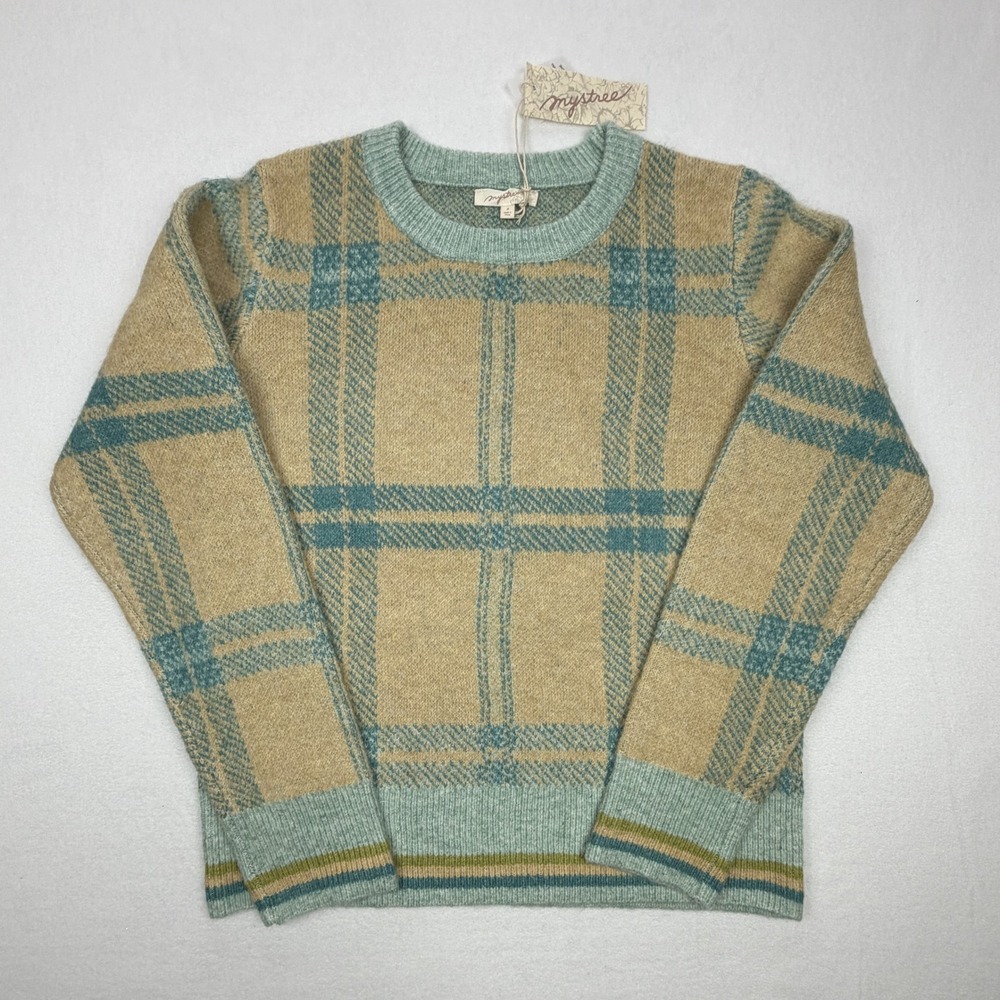 NEW Mystree Womens Plaid Crewneck Sweater Seafoam Green Tan Size Medium